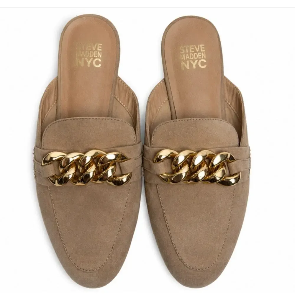 Steve Madden NYC Beige Faux Suede Chain Mule Loafers Slip On Flats Womens 8